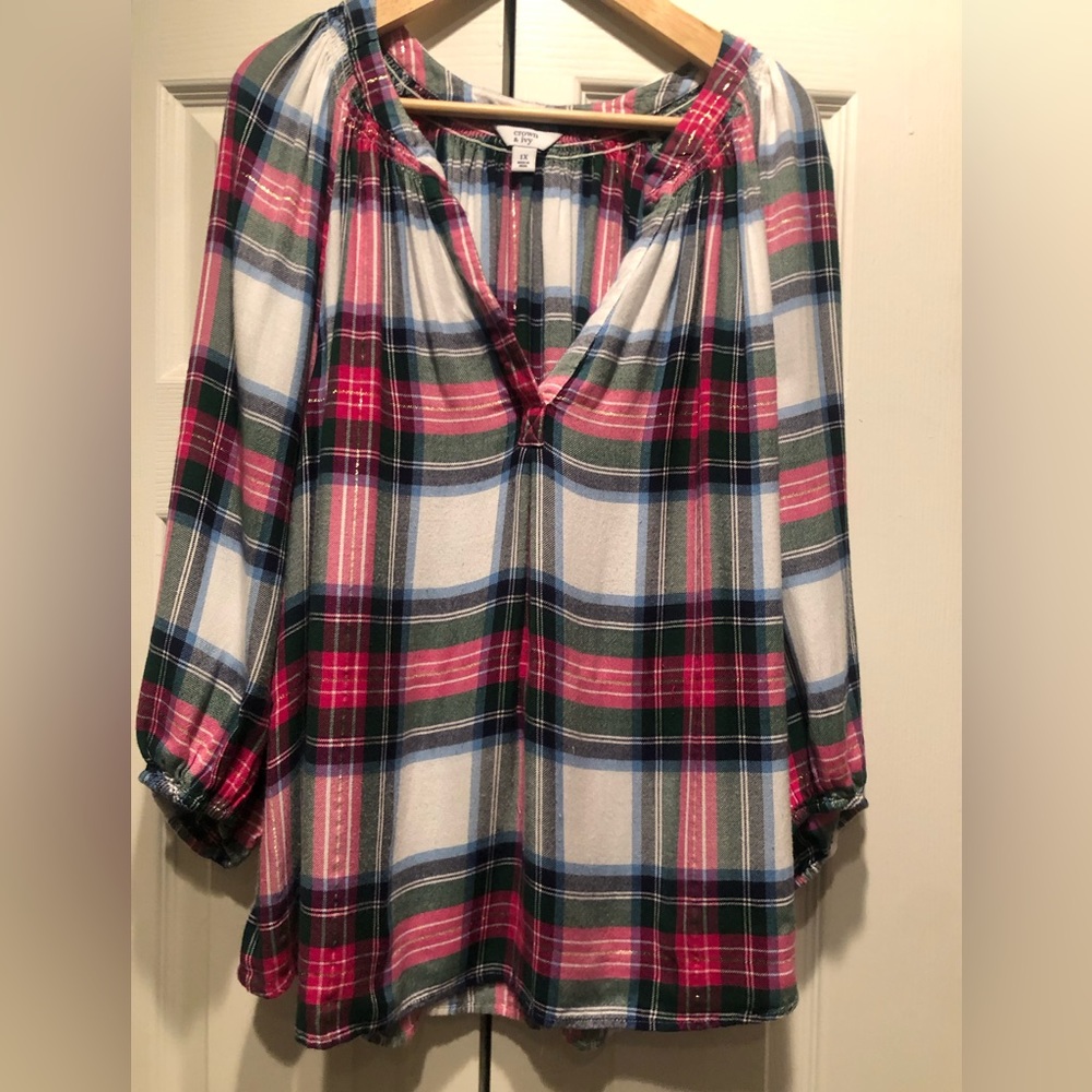 Feminine take on plaid! Metallic thread woven in.  Dress up/down w/ accessories.